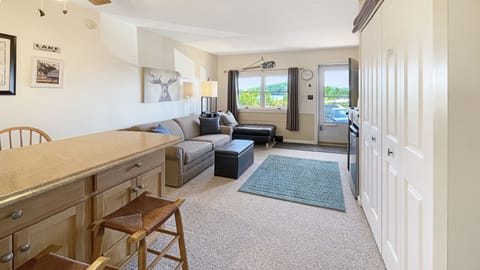 Couch, chaise lounge, ottoman to put your feet up and bar with seating for four.