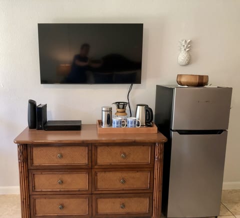 A new 43" Samsung TV and lots of space to store your things.