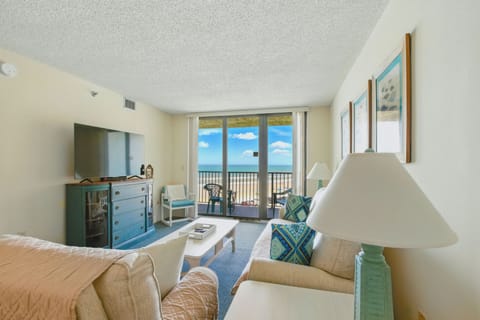 Large flat-screen TV. Lovely natural light fills the living area.