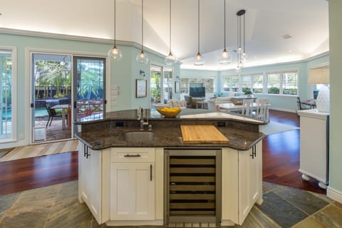 Island with wine fridge.