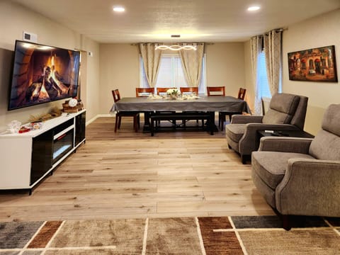 living room open to dining area.