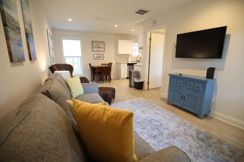 A 43" smart TV to log into your own apps. Games are located in the blue cabinet.