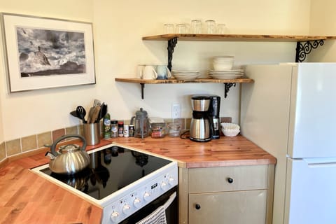 Full kitchen including electric range, refrigerator, microwave plus essentials