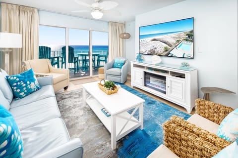 Living Room with Sleeper Sofa and 70" TV - Gulf Dunes 408 Fort Walton Beach Okaloosa Island Vacation Rentals