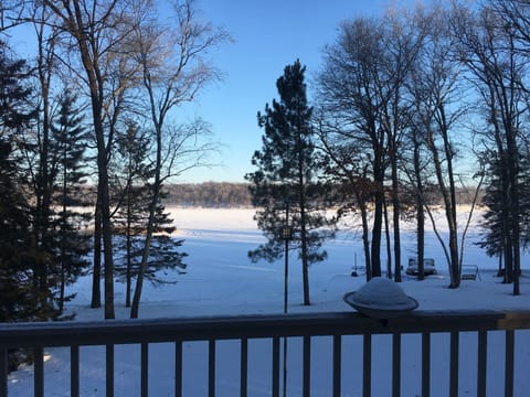 Winter view of Duck Lake from deck.
Major snowmobile trails cross our lake.
