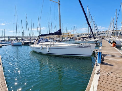 Pede Vento moored at the marina, ready for a distinctive stay on the water.
