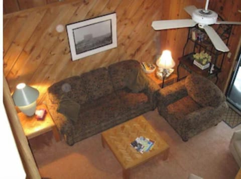 Cathedral ceiling living room view from loft above.