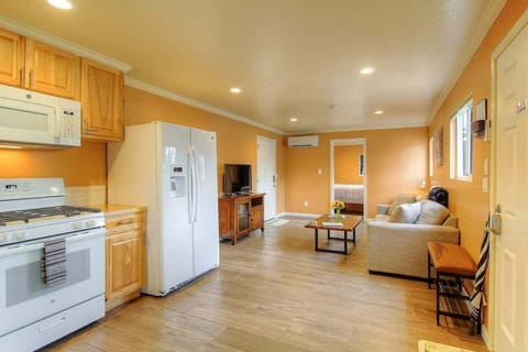 Living area has a sofa with a pullout bed where you can watch shows on Cable or movies on netflix. We also have a few DVDs to choose from and board games to play. Air conditioner and heater to keep comfortable.