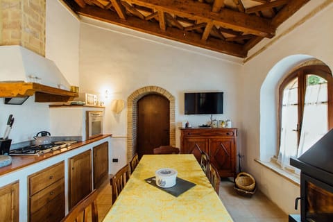 zona giorno con caminetto, divano letto e cucina attrezzatissima