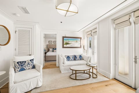 The living room offers new slipcovered sofa and swivel chair, both of which are lovely and extremely comfortable!