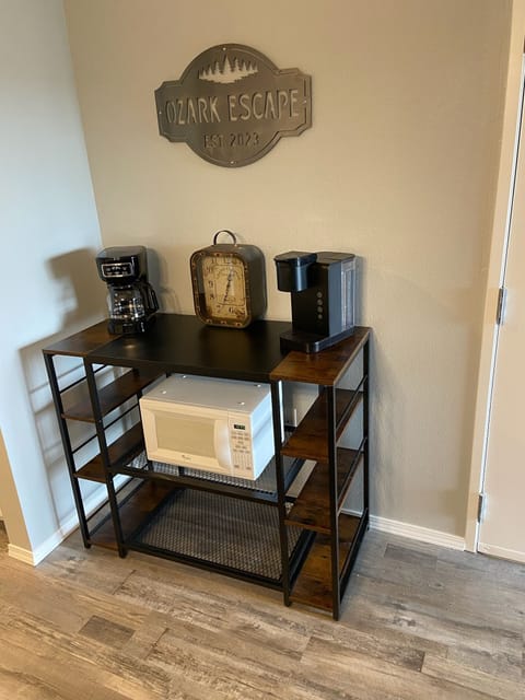 Coffee bar with both a 12 cup pot and a Keurig.