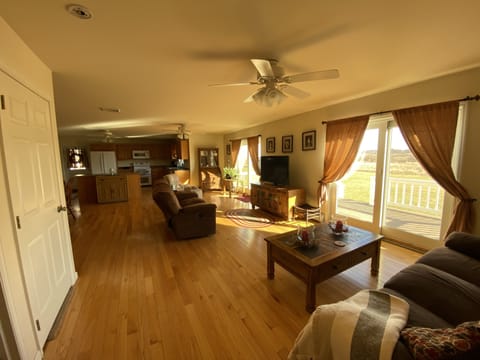 View of downstairs from first floor bedroom. Closed door is the stairwell.