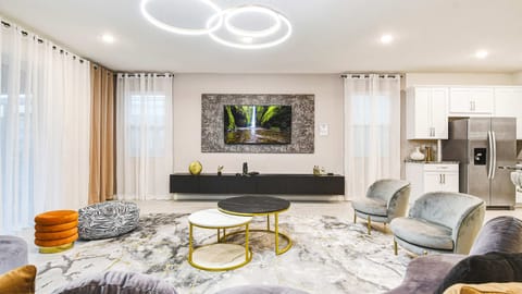 Illuminated with ambient lights, creating a cozy and inviting atmosphere for relaxation and socializing