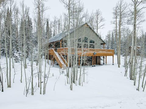 Exterior Retreat: Experience nature's embrace from the spacious deck amid stunning snowy pines!