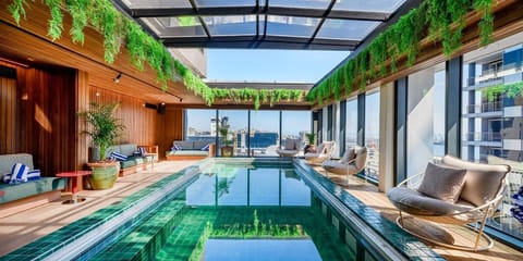 Top floor swimming pool with harbour views. 