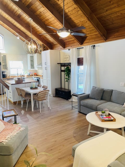 Beautiful remastered kitchen and dining area with high vaulted ceilings 