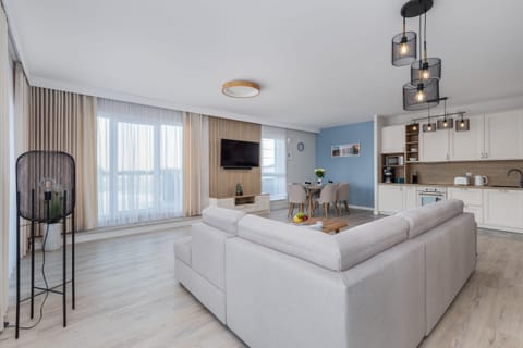 A wide-angle view of the living space, showcasing the harmonious interior design.