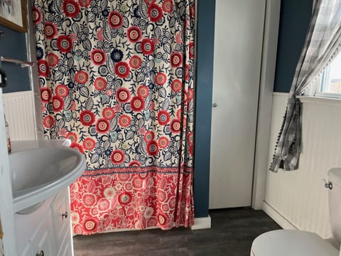 Main bathroom, behind the kitchen and off the laundry room. 