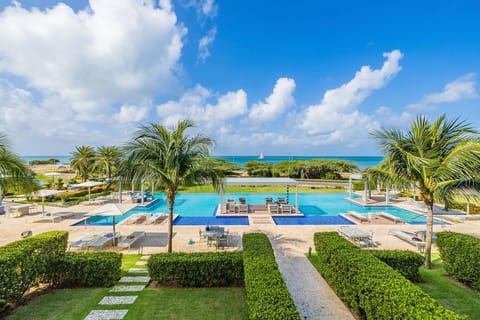 Stunning beachfront property featuring a pristine infinity pool surrounded by lush tropical gardens and swaying palms, with breathtaking turquoise ocean views stretching to the horizon.