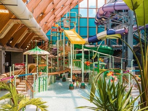 Splash all day in the vibrant indoor waterpark pool area.