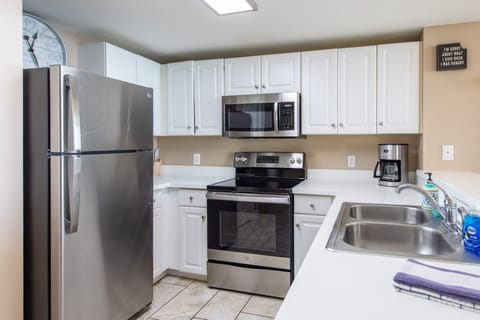 Fully stocked kitchen.
