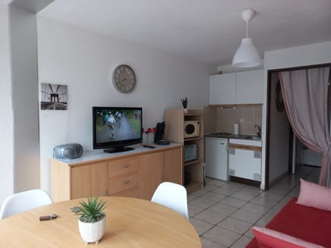Living room with double sofa bed, dining area and kitchenette