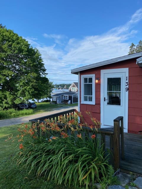 Cottage front door, showing view of Bass Harbor to the South