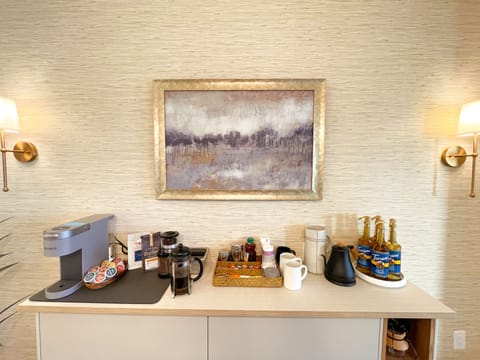 Coffee bar w/ Keurig, drip, French press, pour-over, teas, sweeteners & creamers