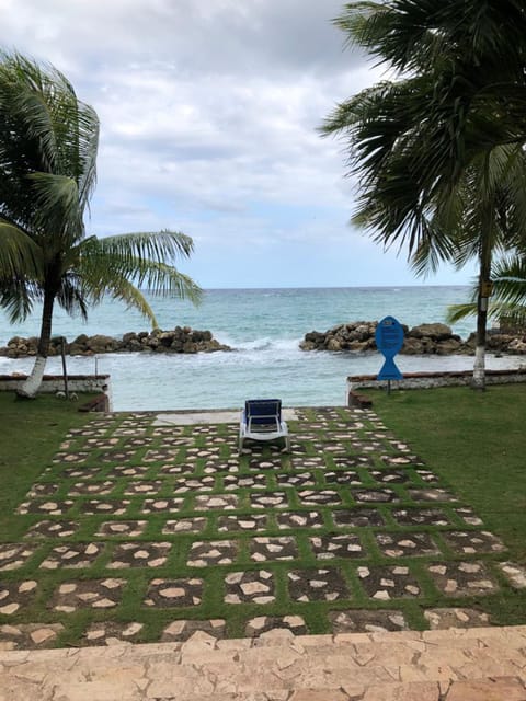 Backyard lawn with view of the Caribbean Sea and property's sea pool