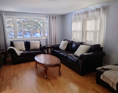 Living room area with couch, loveseat and an ottoman
