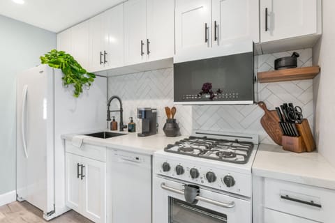 Gas stove/oven, refrigerator/freezer, dishwasher and microwave