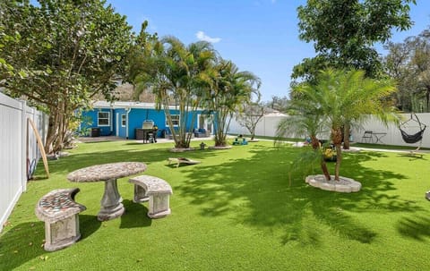 50x30 Ft Yard with artificial grass everywhere.  Fully fenced, multiple features.