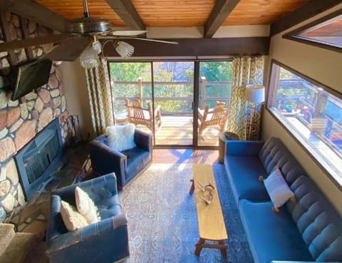Lodge stone fireplace, wall of windows leading to wrap-around deck, open kitchen