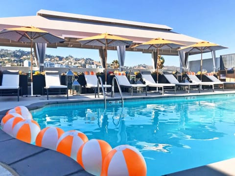 Dive into sunlit rooftop bliss with loungers and skyline views.