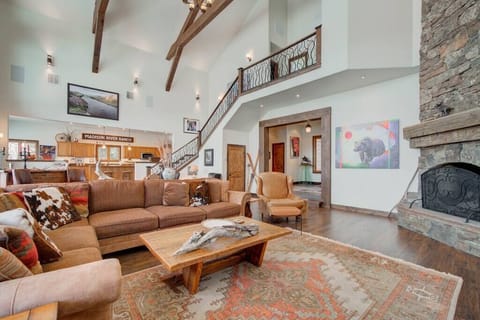 The great room opens to the kitchen and dining area. 
