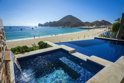 Beachfront private heated pool and hot tub with Cabo Arch and Medano Beach views at Villa Marena in Hacienda Beach, Cabo San Lucas.