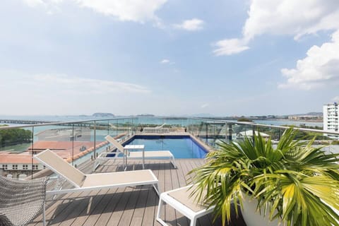 The rooftop pool is open to your use. 