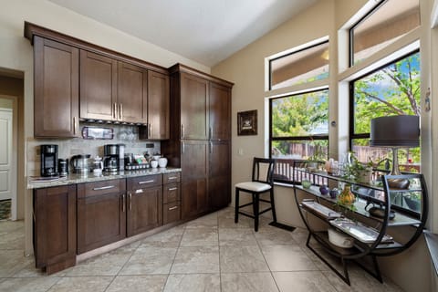 Coffee and tea station. Drip and K-cup options. French press and milk frother.