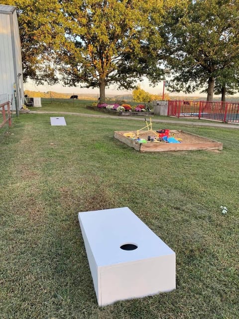 Corn Hole, sandbox and butterfly garden.