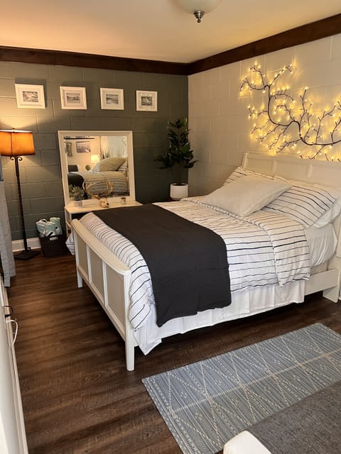 Enjoy our comfy European bedding and large screen TV