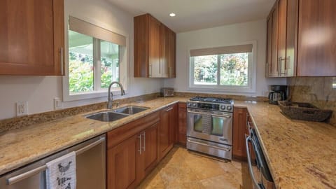 Cook in a modern kitchen with granite countertops, stainless steel appliances, and warm wooden cabinetry overlooking lush garden views.