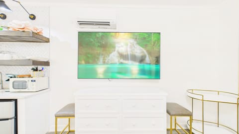 HUGE TV and bar cart in studio