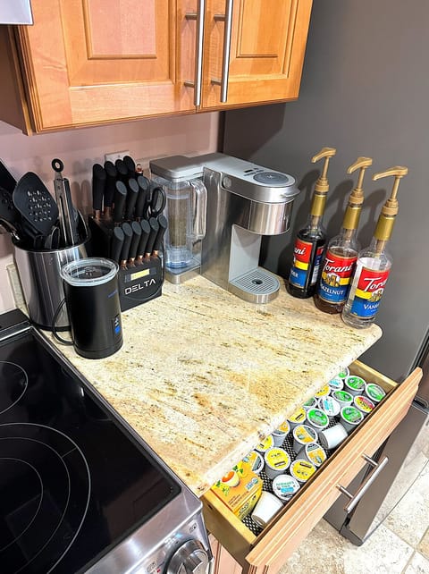 Coffee grinder, maker, and Keurig available—pods provided