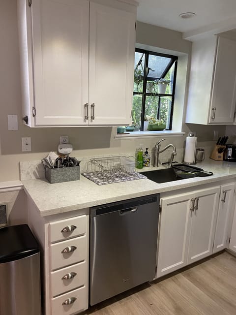 Kitchen view, farm sink, greenhouse window, dishwasher. 