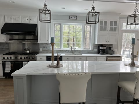 Sit at the marble inspired island for breakfast, lunch and dinner 