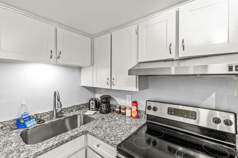Close view of sink, cabinets and induction stove