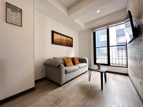 sofá cama, decoración y televisor / Living room with sofa bed, decoration and TV