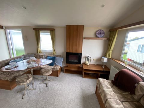 Cozy living room with panoramic windows and fireplace