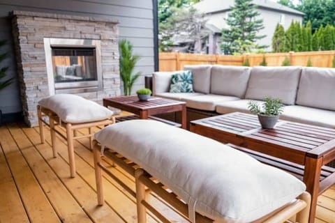 Cozy outdoor seating and fireplace