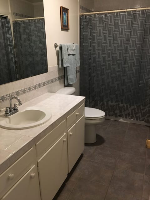 Second bathroom with full bathtub and shower.